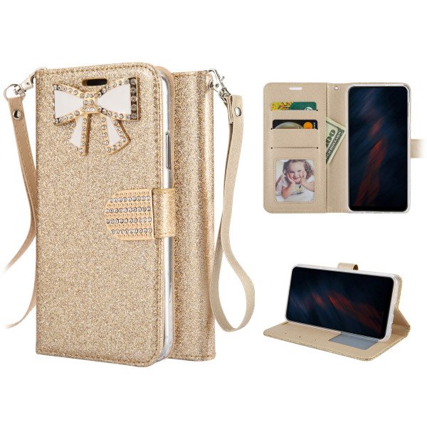 Wholesale Ribbon Bow Crystal Diamond Wallet Case for Samsung Galaxy S20Plus (Gold)